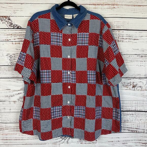 Womens VTG Quizz Red White Blue USA Plaid Patchwork Denim SS Button Up Blouse 24 - Picture 2 of 6